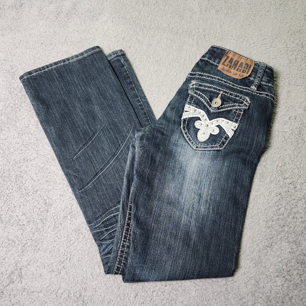 Zanadi Womens 9 Bootcut Jeans Dark Wash Contrast Stitch Embellished Y2K Low Rise